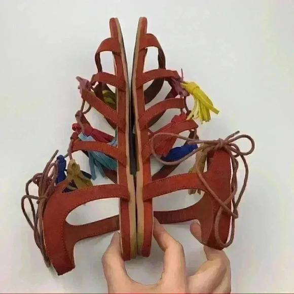 Forever 21 sandals size 8 39 burnt Orange faux suede tassel pom poms gladiator - Picture 6 of 13